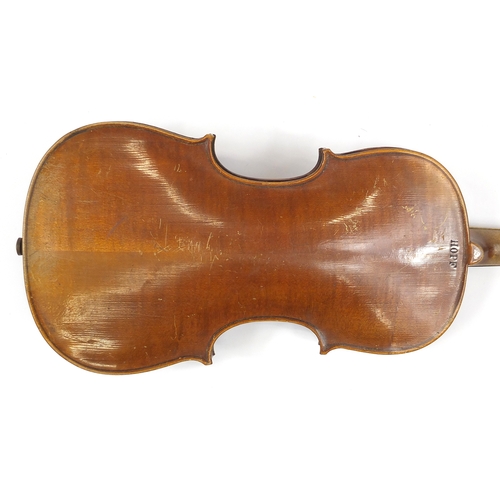 279 - Old wooden violin with scrolled neck, impressed Hopf and bearing a label to the interior, together w... 