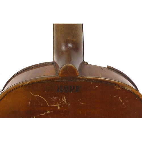 279 - Old wooden violin with scrolled neck, impressed Hopf and bearing a label to the interior, together w... 