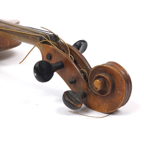 279 - Old wooden violin with scrolled neck, impressed Hopf and bearing a label to the interior, together w... 