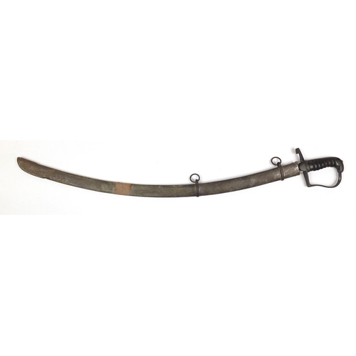 336 - 18/19th century Shamshir sword with scabbard and wooden grip, the steel blade finely engraved with c... 