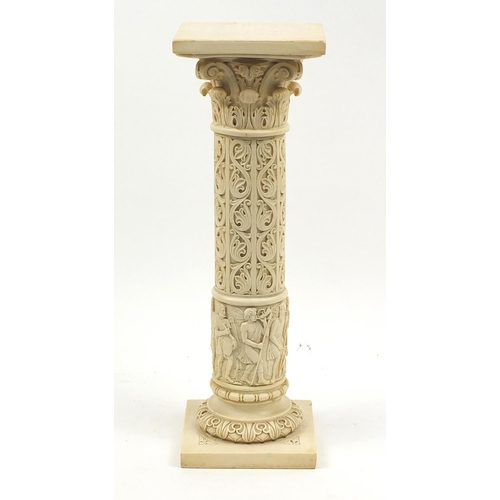 88 - Decorative resin Corinthian column plant stand, decorated with classical scenes 74cm high