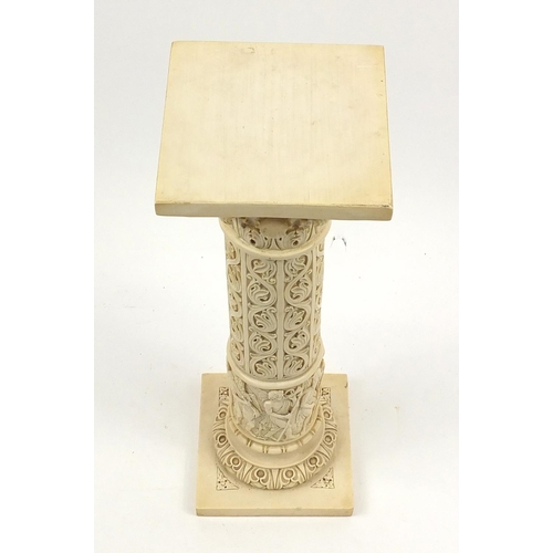 88 - Decorative resin Corinthian column plant stand, decorated with classical scenes 74cm high