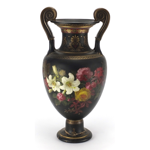 603 - Large mid Victorian Exhibition pottery vase hand painted with flowers, with associated paperwork and... 