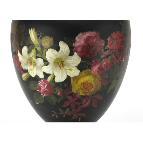 603 - Large mid Victorian Exhibition pottery vase hand painted with flowers, with associated paperwork and... 