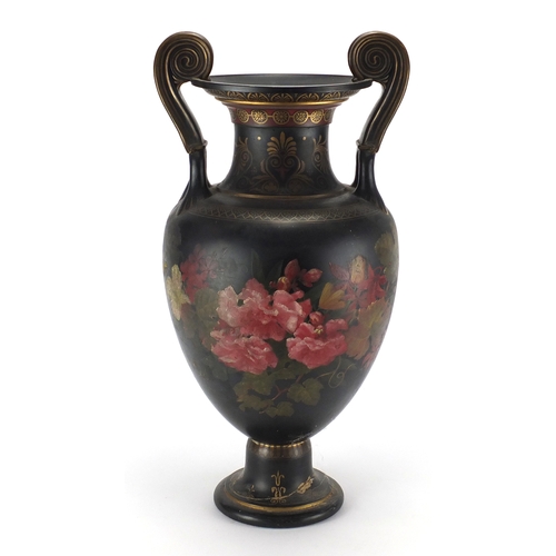 603 - Large mid Victorian Exhibition pottery vase hand painted with flowers, with associated paperwork and... 