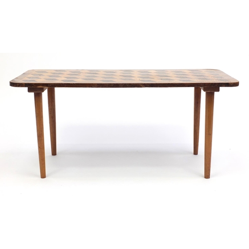 80 - Geometric inlaid coffee table, 40cm H x 88cm W x 41cm D