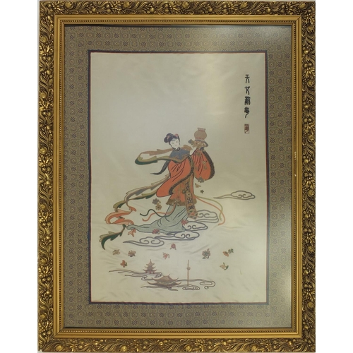 94 - Large Oriental silk tapestry of a Geisha girl, gilt framed, 87cm x 62cm