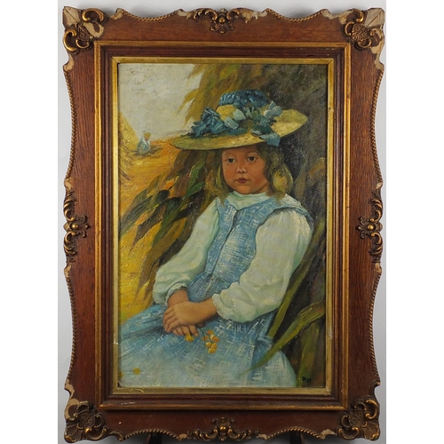 95 - Young girl in cornfields, oil onto board, bearing a signature Dyf, mounted and framed, 57cm x 37cm