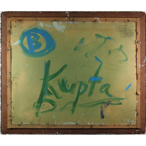 134 - Abstract composition, oil onto board, bearing a signature Kupta and inscription verso, framed, 83cm ... 