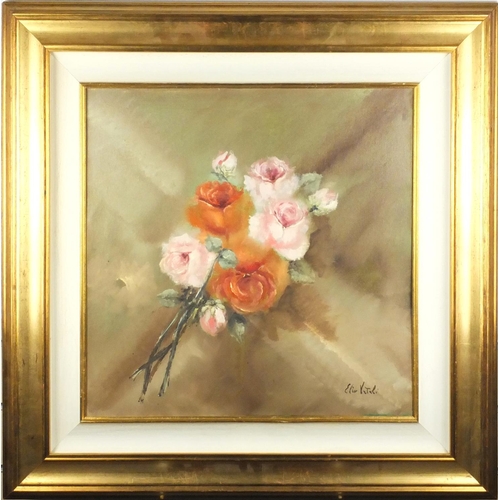 136 - Elio Vetali - Still life roses, oil onto canvas, inscribed verso, mounted and framed, 49cm x 49cm