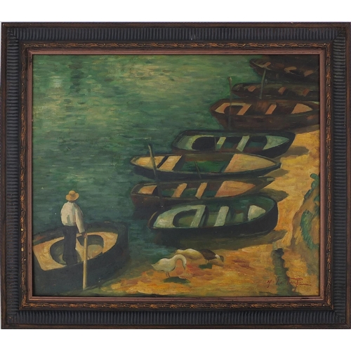 170 - Oil onto board, moored boats, bearing a signature H Le Tonge, framed, 57cm x 47cm excluding the fram... 