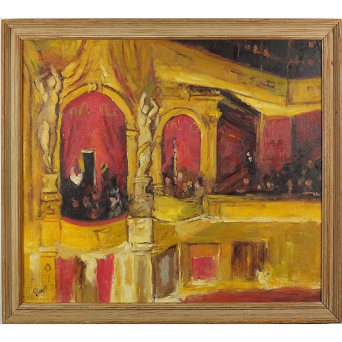 215 - After Sickert - Theatre interior, oil onto board, framed, 56cm x 49cm