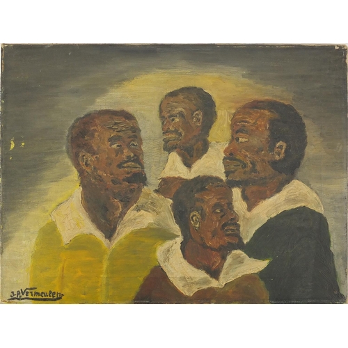 473 - Four men, oil onto canvas, bearing a signature J P Vermeulen, unframed, 41cm x 30cm