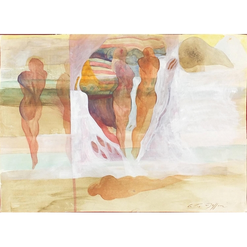 474 - Abstract composition, figures, watercolour onto paper laid onto board, bearing a signature Daffon, m... 