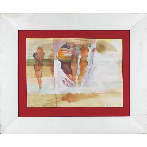 474 - Abstract composition, figures, watercolour onto paper laid onto board, bearing a signature Daffon, m... 