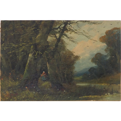 475 - Figure in woodland, oil onto canvas, bearing a signature G Boyle, inscribed verso, unframed, 46cm x ... 