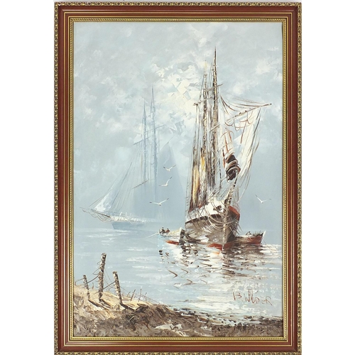 485 - Impasto oil on canvas, boats at sea, bearing an indistinct signature, framed, 91cm x 61cm