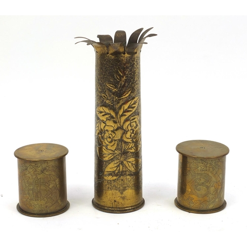 710 - Pair of Military interest trench art shell case tobacco tins and a vase