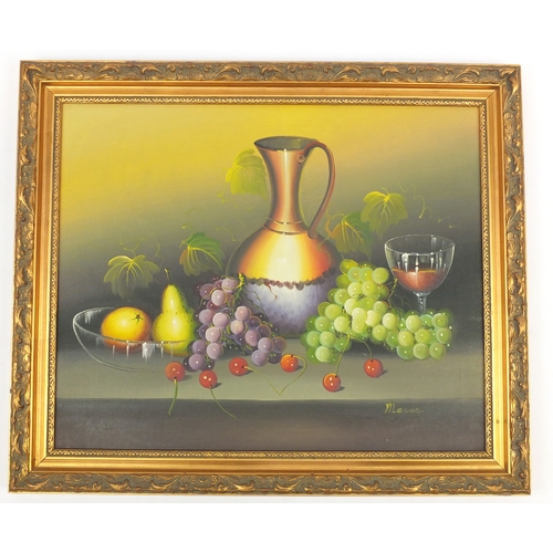25 - Oil on canvas, still life fruit and objects, gilt framed, 60cm x 49cm