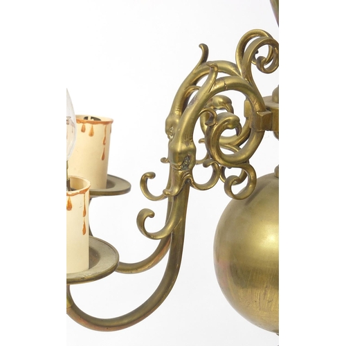 99 - Dutch design heavy brass five branch chandelier, approximately 50cm in diameter