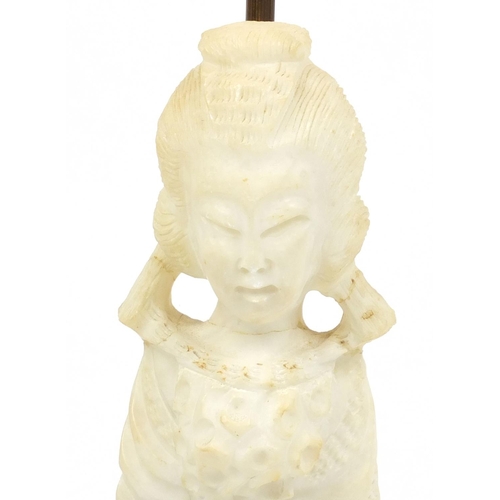 482 - Carved alabaster figural table lamp, 59cm high excluding the fitting