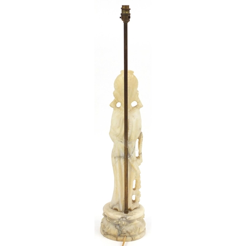 482 - Carved alabaster figural table lamp, 59cm high excluding the fitting