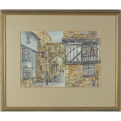 372 - Watercolour of figures in an archway and a mixed media thatched cottage, both mounted and framed