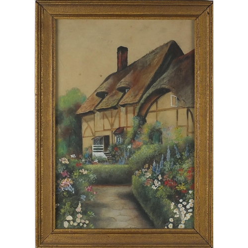 372 - Watercolour of figures in an archway and a mixed media thatched cottage, both mounted and framed