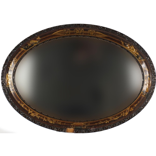 66 - Three mirrors, industrial pewter frame, lacquered chinoiserié pattern and a gilt example