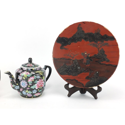 178 - Chinese items including a famille noir teapot, lacquered trefoil dish and two pewter tankards, one K... 