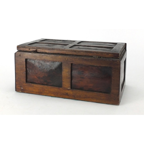 168 - Rectangular wooden casket with tortoiseshell panels, 12.5cm H, 25.5cm W x 16cm D