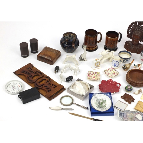 185 - Box of items including silver plated and stainless steel cutlery, china animals, glass inkwell, Art ... 