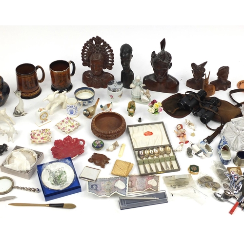 185 - Box of items including silver plated and stainless steel cutlery, china animals, glass inkwell, Art ... 