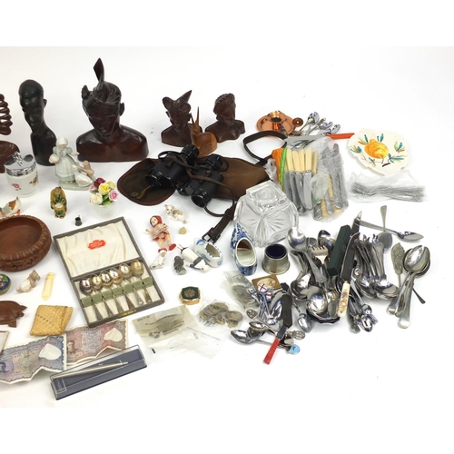 185 - Box of items including silver plated and stainless steel cutlery, china animals, glass inkwell, Art ... 