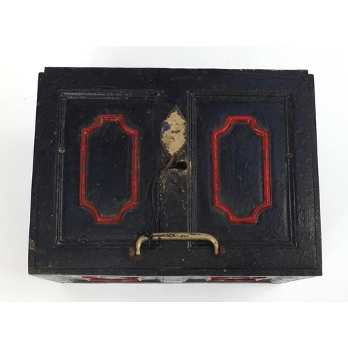 15 - Hand painted cast iron safe, 30cm H x 41cm W x 30cm D