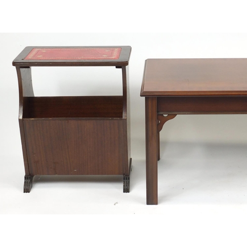 49 - Occasional furniture comprising nest of three oak tables, mahogany magazine rack with tooled leather... 