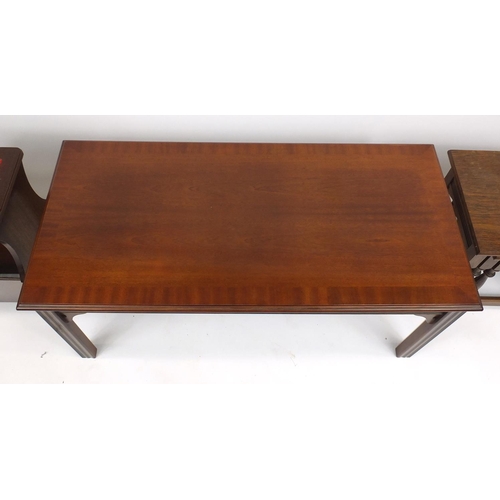 49 - Occasional furniture comprising nest of three oak tables, mahogany magazine rack with tooled leather... 