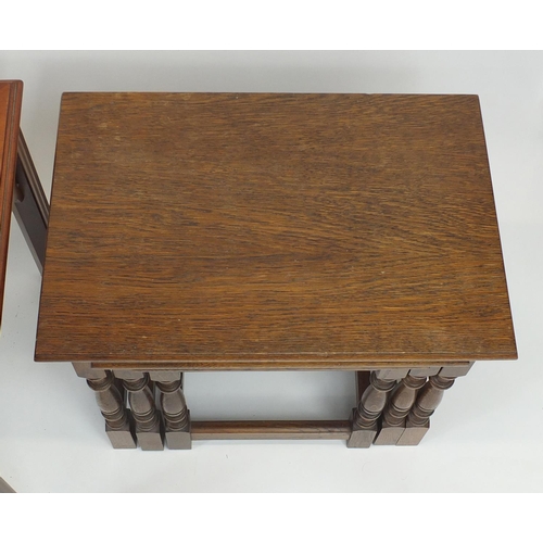 49 - Occasional furniture comprising nest of three oak tables, mahogany magazine rack with tooled leather... 