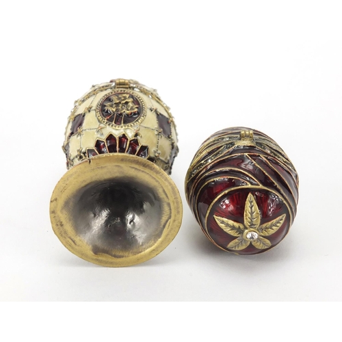 350 - Two enamelled jewelled egg trinkets, the largest 8.5cm high