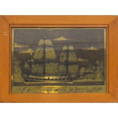 438 - Brass picture of a rigged sailing boat, bearing an indistinct signature titled LA Cousonne Anno Domi... 