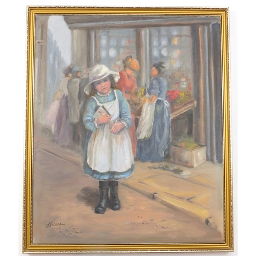 93 - J Hodder - Young girl outside a shop, oil onto canvas, 60cm x 49.5cm