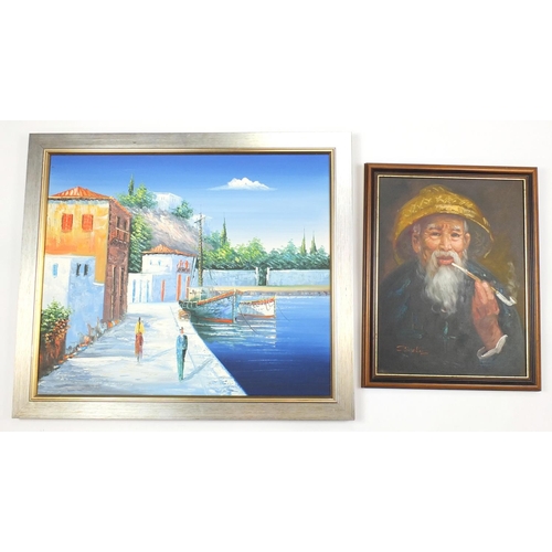 94 - Two oil paintings, continental harbour scene and a portrait of a pipe smoking Asian elder, both fram... 