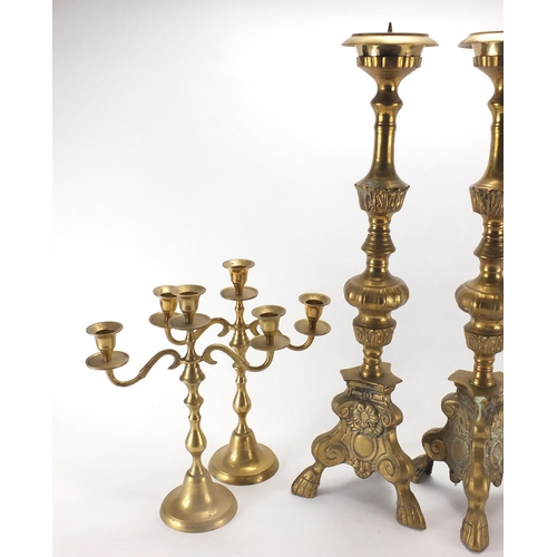 223 - Brassware comprising pair of two branch candelabras, pair of candle sticks and pair of candle holder... 