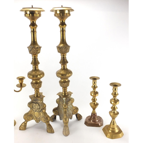 223 - Brassware comprising pair of two branch candelabras, pair of candle sticks and pair of candle holder... 