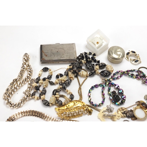 307 - Costume jewellery including a silver Filigree brooch, Limoge style hand mirror and necklaces