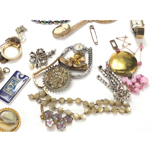 307 - Costume jewellery including a silver Filigree brooch, Limoge style hand mirror and necklaces