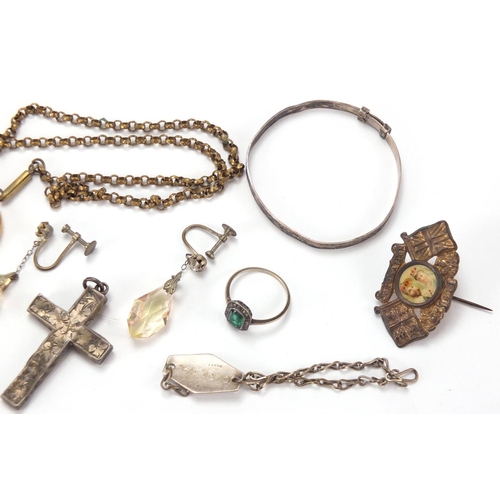 254 - Miscellaneous costume jewellery, some silver including Christening bangle, brooches, pendants and en... 