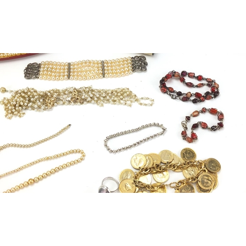 309 - Costume jewellery including simulated pearl necklaces and silver items