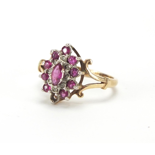 249 - 9ct gold diamond and pink stone ring, size Q