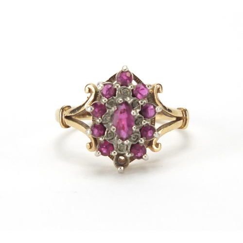 249 - 9ct gold diamond and pink stone ring, size Q